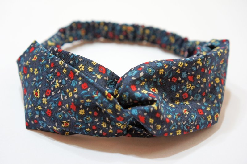 藏青底色小花朵 / 手工松紧发带 - 发饰 - 棉．麻 蓝色