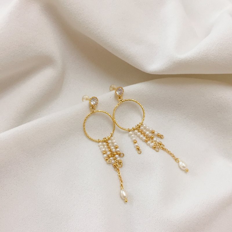 独家 - 妳就是最美的女主角 — 925单钻珍珠流苏圆圈耳环 可改夹 - 耳环/耳夹 - 珍珠 白色