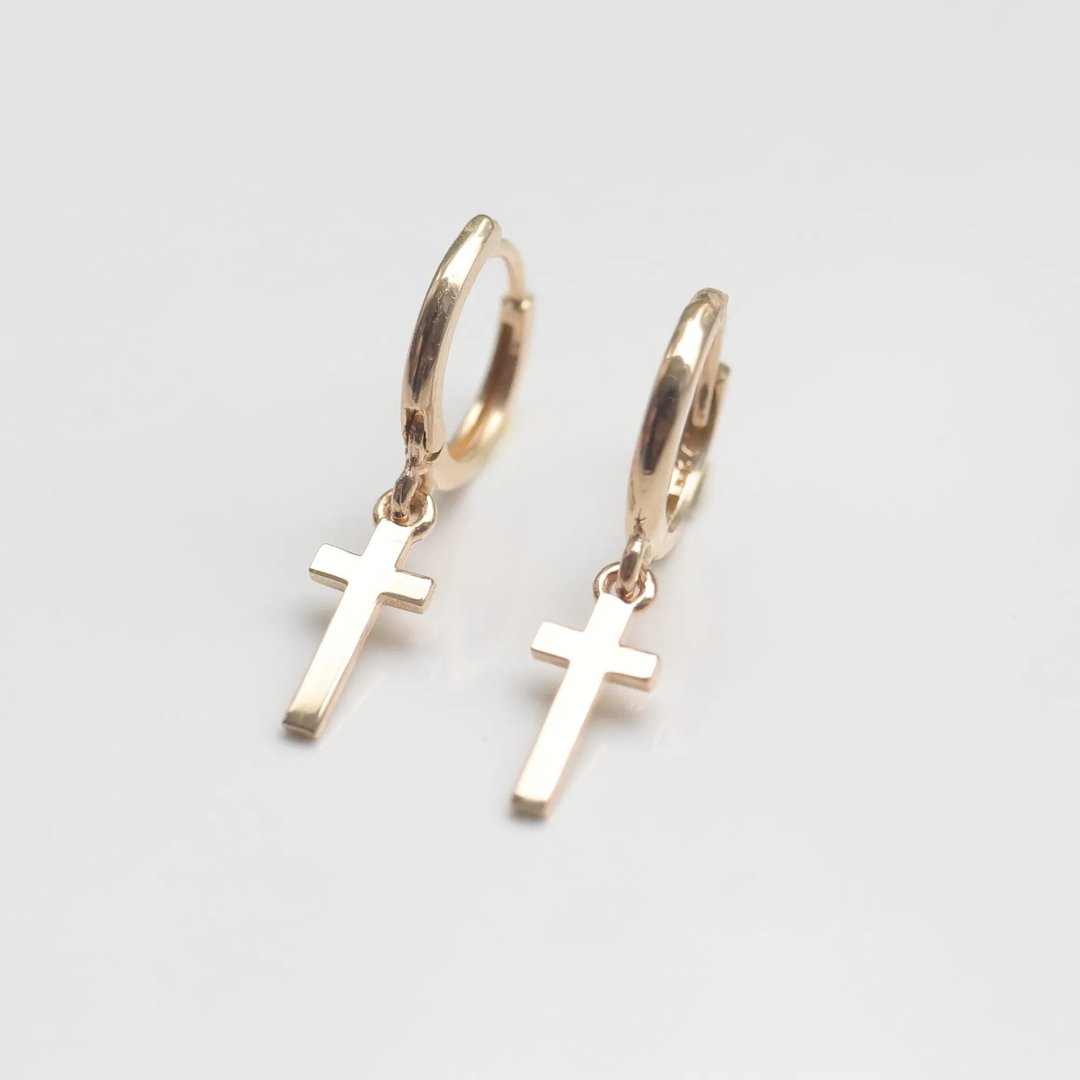 14K　垂坠十字架耳扣耳环 ( 内径 7mm ) - 耳环/耳夹 - 贵金属 金色