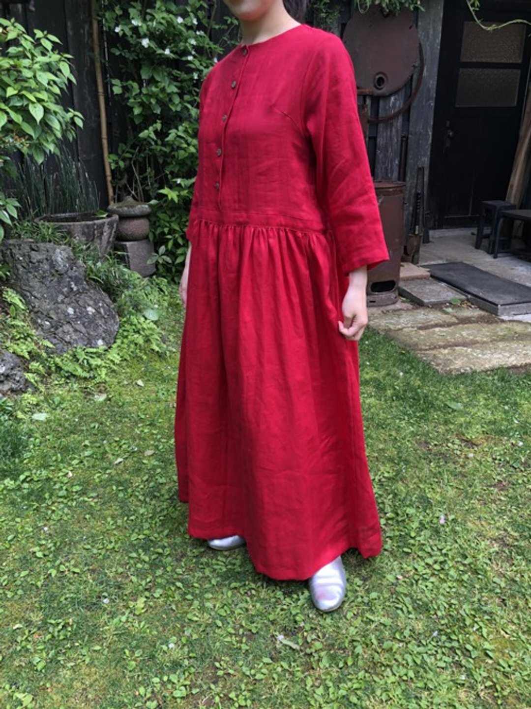 Waist switching gather dress red - 洋装/连衣裙 - 棉．麻 红色
