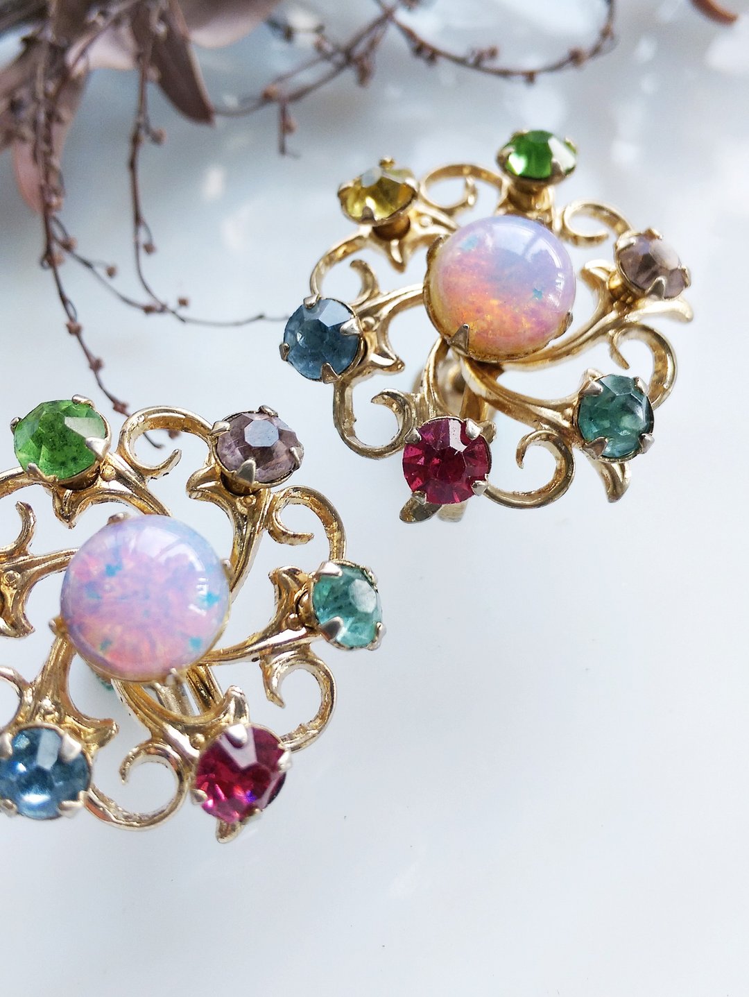 Vintage Jewelry 西洋古董饰品 旋转彩色钻 星花 栓式耳环 - 耳环/耳夹 - 其他金属 金色