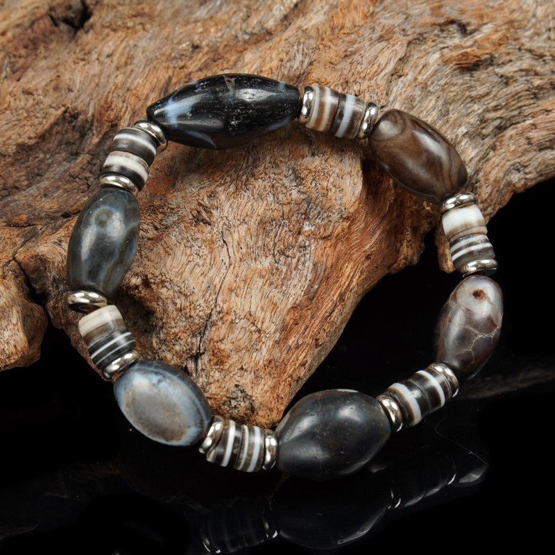 玉髓古珠.缠丝玛瑙古珠.药师片珠手串(内围16厘米) - 手链/手环 - 其他材质 