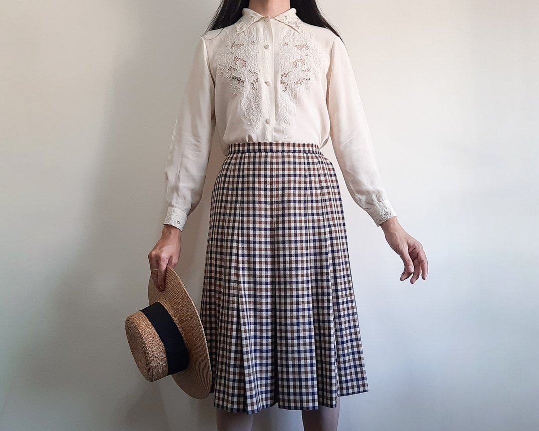 AQUASCUTUM London 复古纯羊毛格纹半身裙 英国制造 小号 - 裙子 - 羊毛 咖啡色