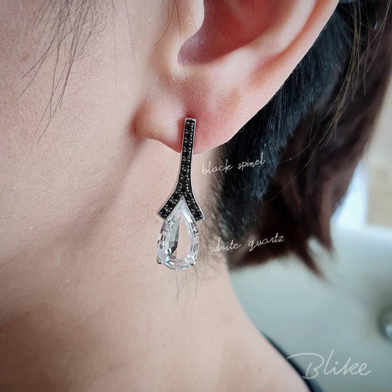 White topaz and Black spinel Earring - 耳环/耳夹 - 半宝石 白色