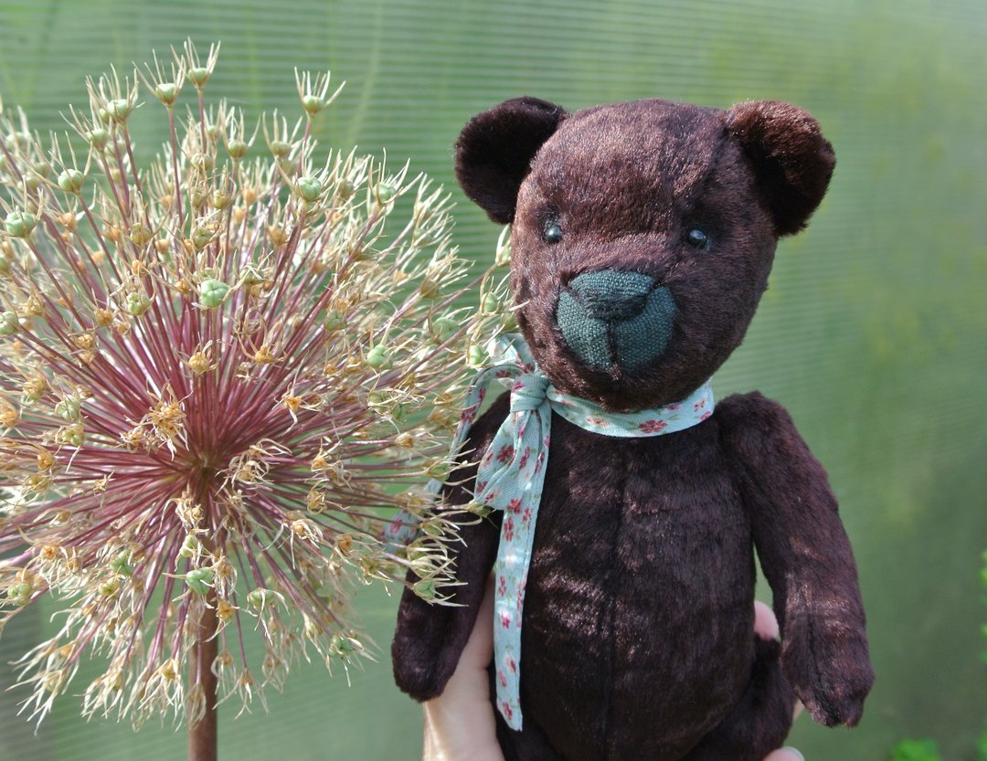 玩具熊 Brown Teddy Bear Artist ooak Antique bear Vintage plush Sawdust stuffed toy - 玩偶/公仔 - 其他人造纤维 咖啡色