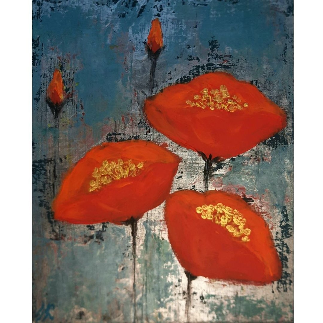 Red poppies painting bouquet Poppies painting canvas Red flowers wall art - 海报/装饰画/版画 - 木头 红色