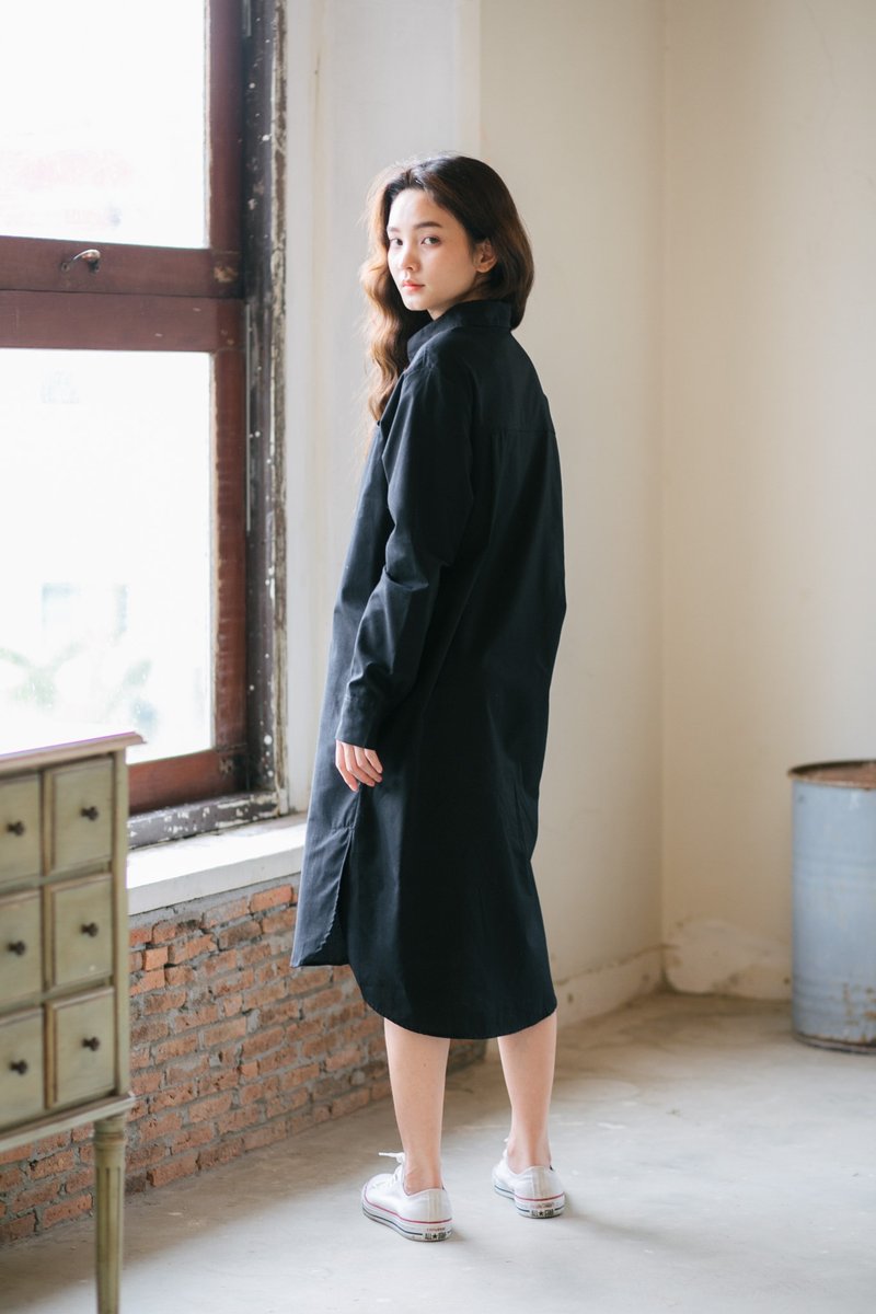One Fine Day Dress Shirts BLK - 洋装/连衣裙 - 棉．麻 黑色