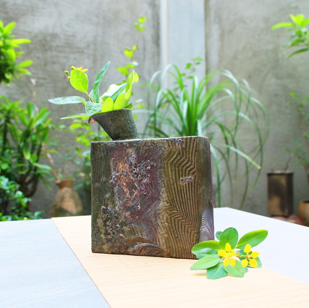 线纹方花器 新彩烧 柴烧陶艺 手作作品 | 礼物 收藏 陈威恩作品 - 花瓶/陶器 - 陶 绿色