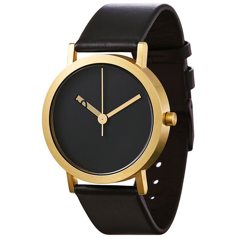 Extra Normal时间唱盘表 - 金框/金指针/黑色真皮牛皮表带 - 对表/情侣表 - 真皮 黑色