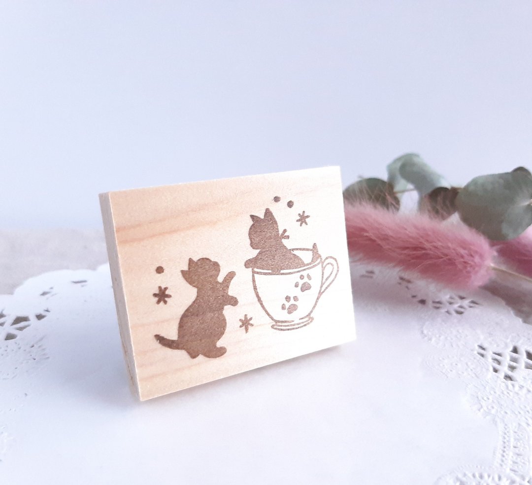茶杯与可爱的双猫印章 - 印章/印台 - 橡胶 透明