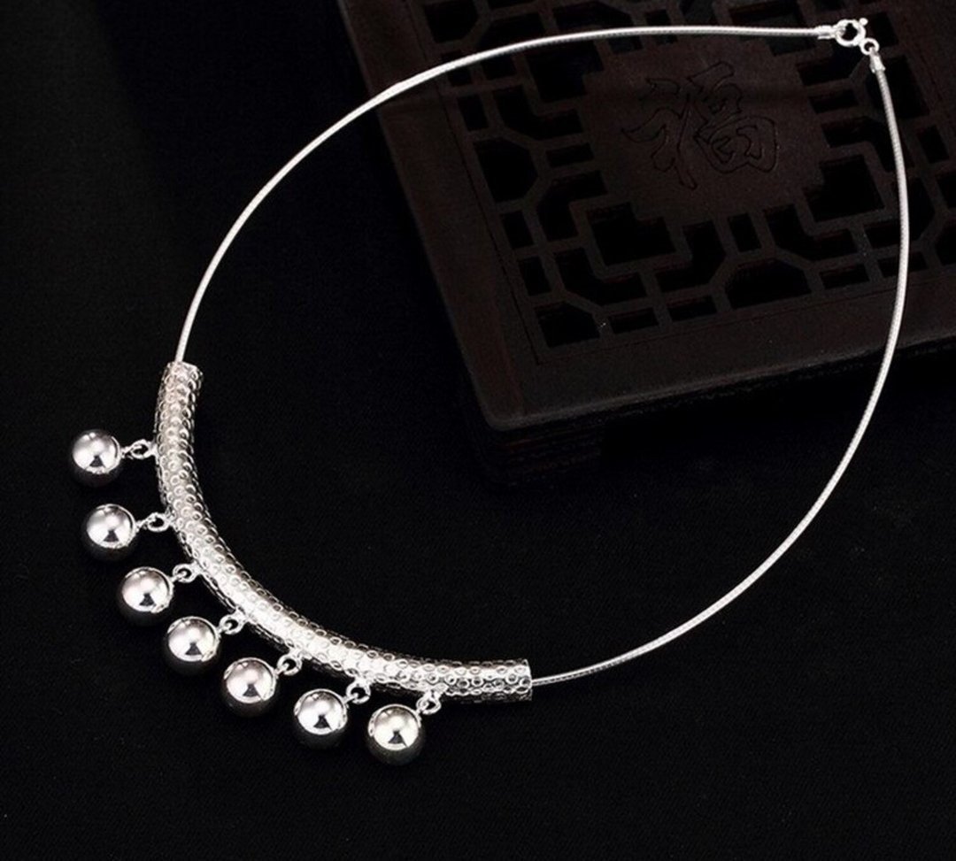 Real 925 Sterling Silver Ethnic Women Beads Tassel Pendant without Necklaces - 锁骨链 - 纯银 银色
