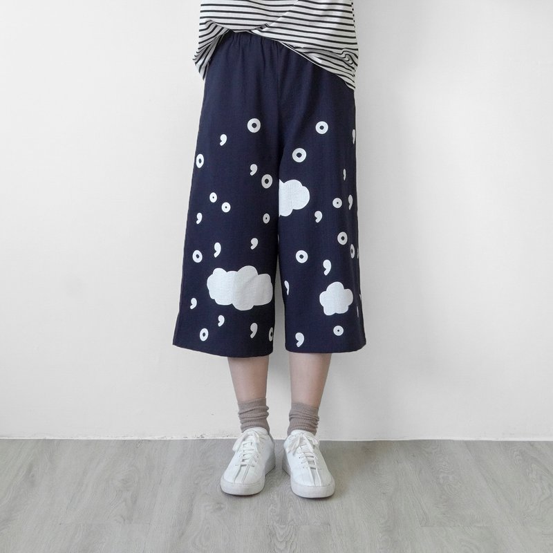 逗点句点标点云雨宽裤-深蓝色 - 女装长裤 - 棉．麻 蓝色