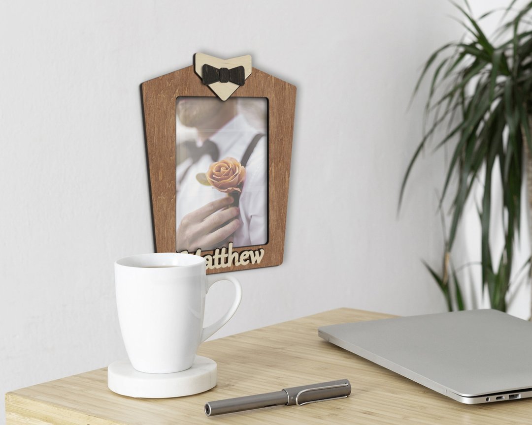 Personalized groom photo frame Tuxedo and bowtie picture frame Engraved decor - 画框/相框 - 木头 咖啡色