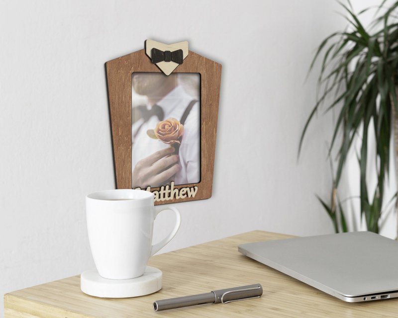Personalized groom photo frame Tuxedo and bowtie picture frame Engraved decor - 画框/相框 - 木头 咖啡色