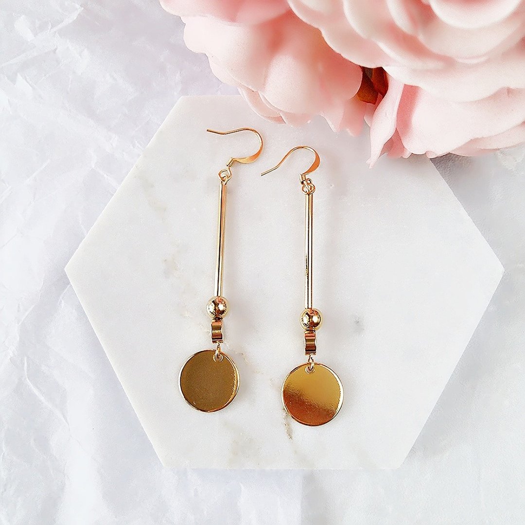 ::极简几何系列:: 简约几何混搭圆形形状个性耳钉耳环 / ::Minimalist Geometric Collection:: Gold Plated Minimalist Geometric Round Circle Bar Dangle Drop Earrings - 耳环/耳夹 - 其他金属 金色