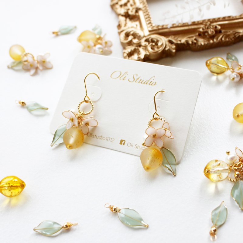 【清新柠檬耳环】柠檬与桂花耳环 耳环 耳夹 - 耳环/耳夹 - 树脂 黄色