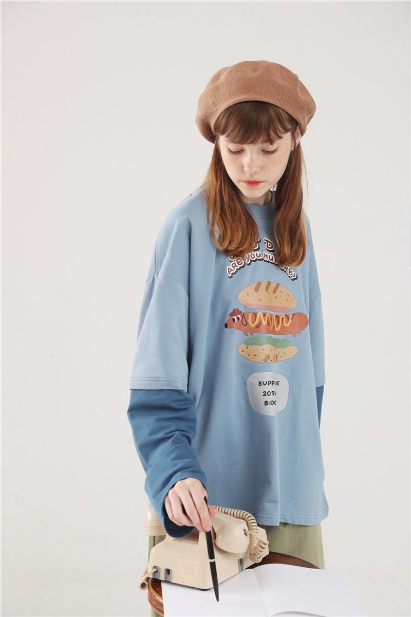 PROD少女长袖T恤女热狗可爱韩版撞色宽松女早秋上衣交换礼物 - 女装上衣 - 棉．麻 蓝色