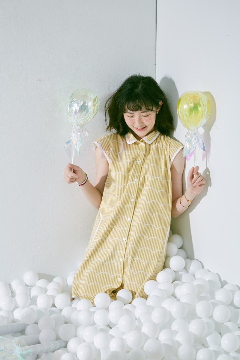 黄线条云朵搭袖衬衫洋装 - 女装衬衫 - 棉．麻 黄色