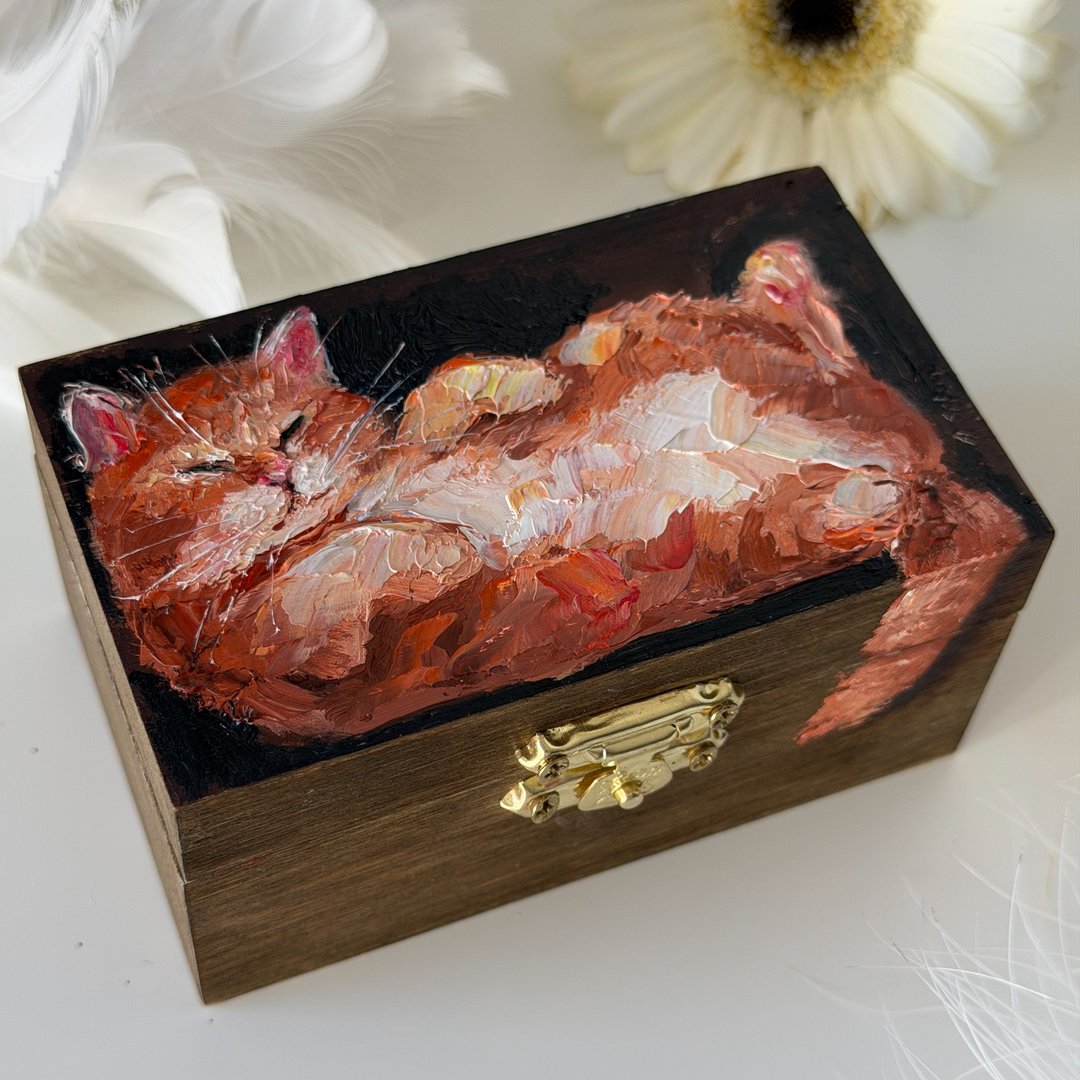 手工绘制迷你木盒 红猫与老鼠，珠宝饰品盒 猫咪睡姿 - 收纳用品 - 木头 咖啡色