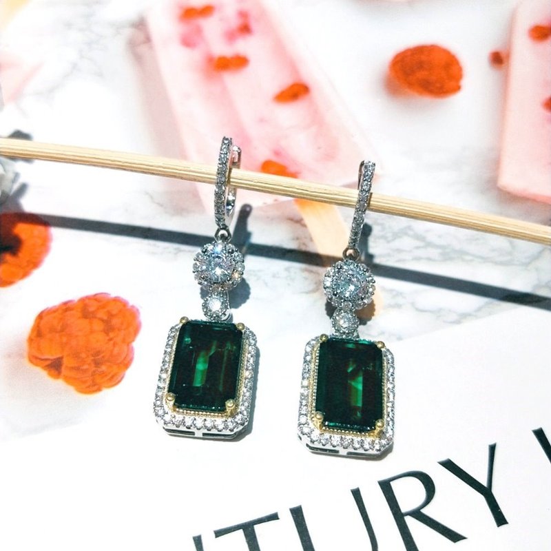 I JEWELRY 奢华贵妇祖母绿宝石闪耀顶级锆石纯银耳环 附精美礼物 - 耳环/耳夹 - 纯银 银色