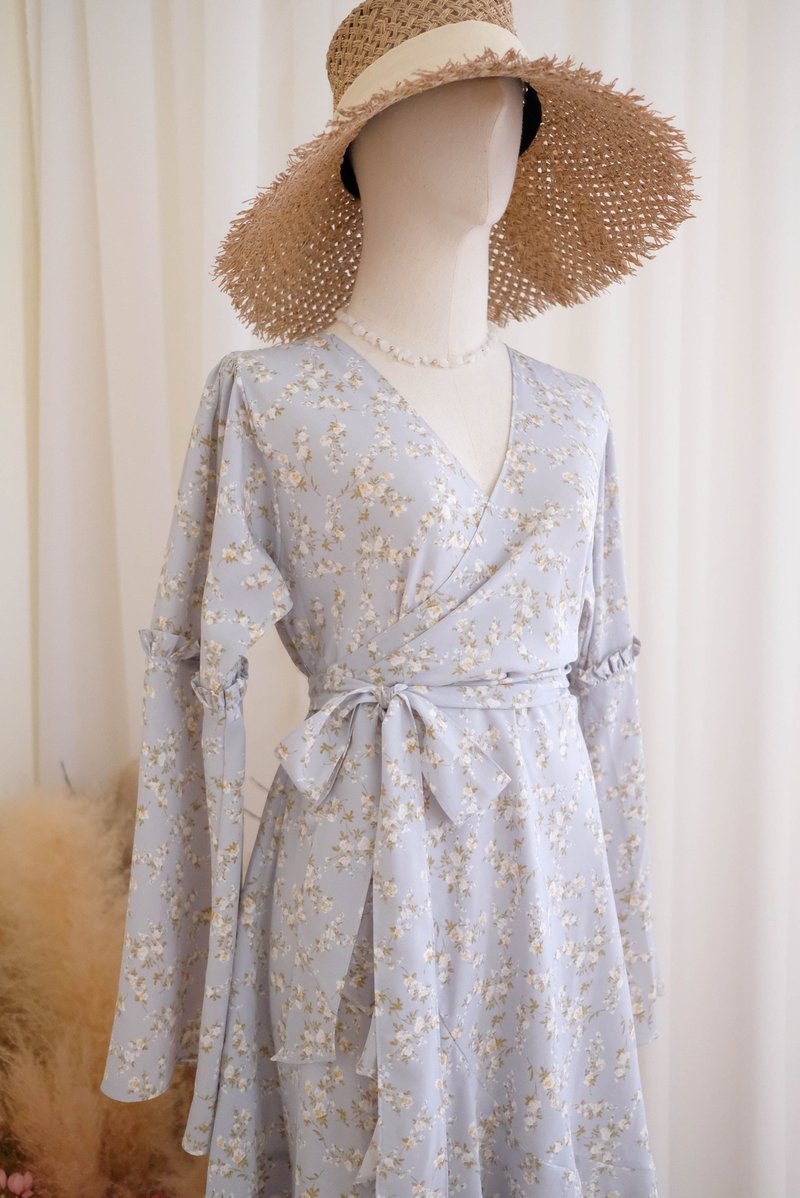 Blue floral summer dress long sleeve boho short party prom bridesmaid dress - 洋装/连衣裙 - 聚酯纤维 蓝色