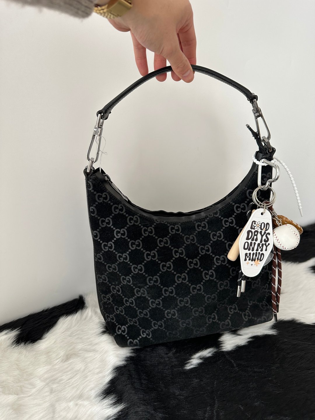 中古包 GUCCI 古驰 全黑麂皮暗花GG Hobo - 手提包/手提袋 - 真皮 黑色