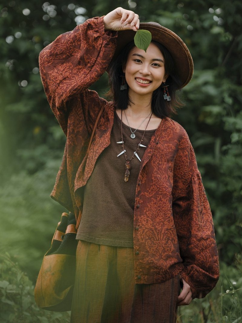 纖筏  亞麻棉提花抽褶宮廷風小短衫 寬松襯衫上衣 - 女装衬衫 - 棉．麻 咖啡色