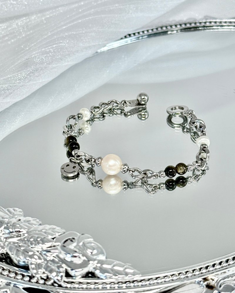 希冀淡水珍珠古巴手链 - 医疗钢/淡水珍珠/金曜石/黑曜石/按扣 - 手链/手环 - 水晶 白色