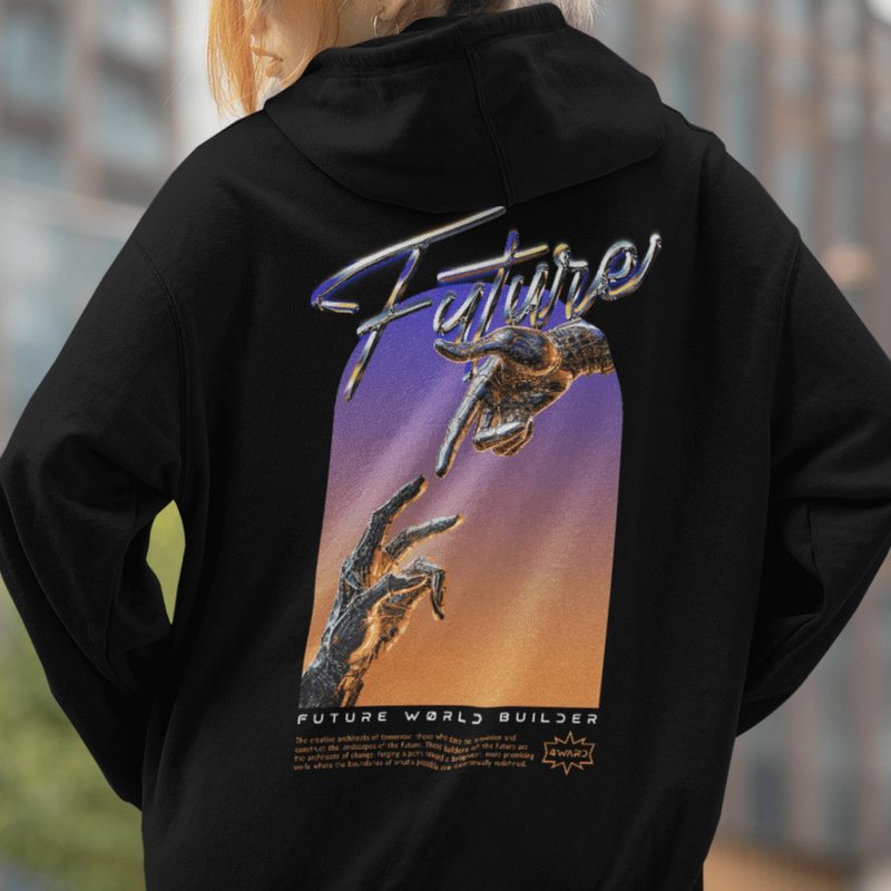 90年代美学连帽衫、街头服饰、赛博庞克、蒸汽波服饰、原宿风 - 中性连帽卫衣/T 恤 - 棉．麻 黑色