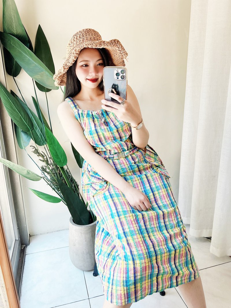 糖果梦幻格纹棉质吊带裙 古着洋装连衣裙连身裙 vintage dress - 洋装/连衣裙 - 棉．麻 多色