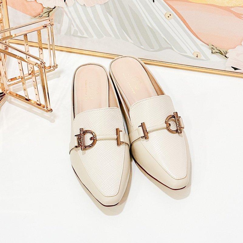 小方头拼色羊皮穆勒鞋-气质米 - 拖鞋 - 真皮 白色