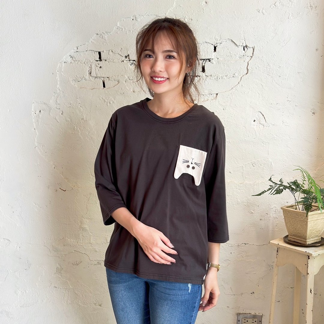 Hana Mokuba 拼接布点点猫咪造型圆领长袖上衣 - 女装上衣 - 其他材质 