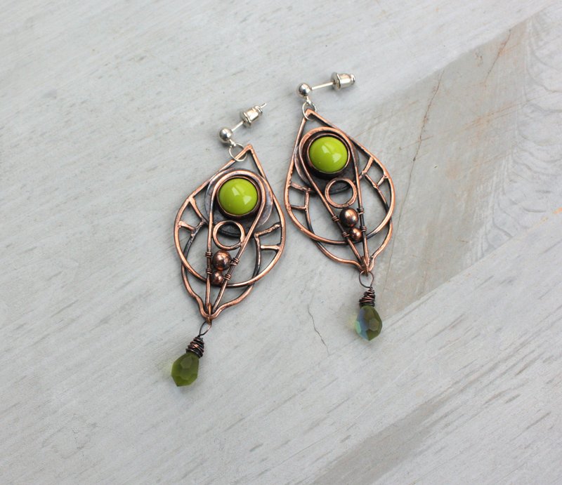 橄榄绿枝形耳环, 线缠绕波希米亚饰品, 送给她的礼物 - 耳环/耳夹 - 铜/黄铜 