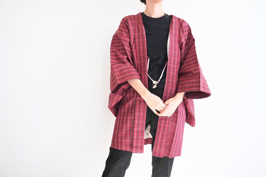 日本和服、格纹和服、羽织、正统和服、传统和服 - 女装休闲/机能外套 - 聚酯纤维 红色