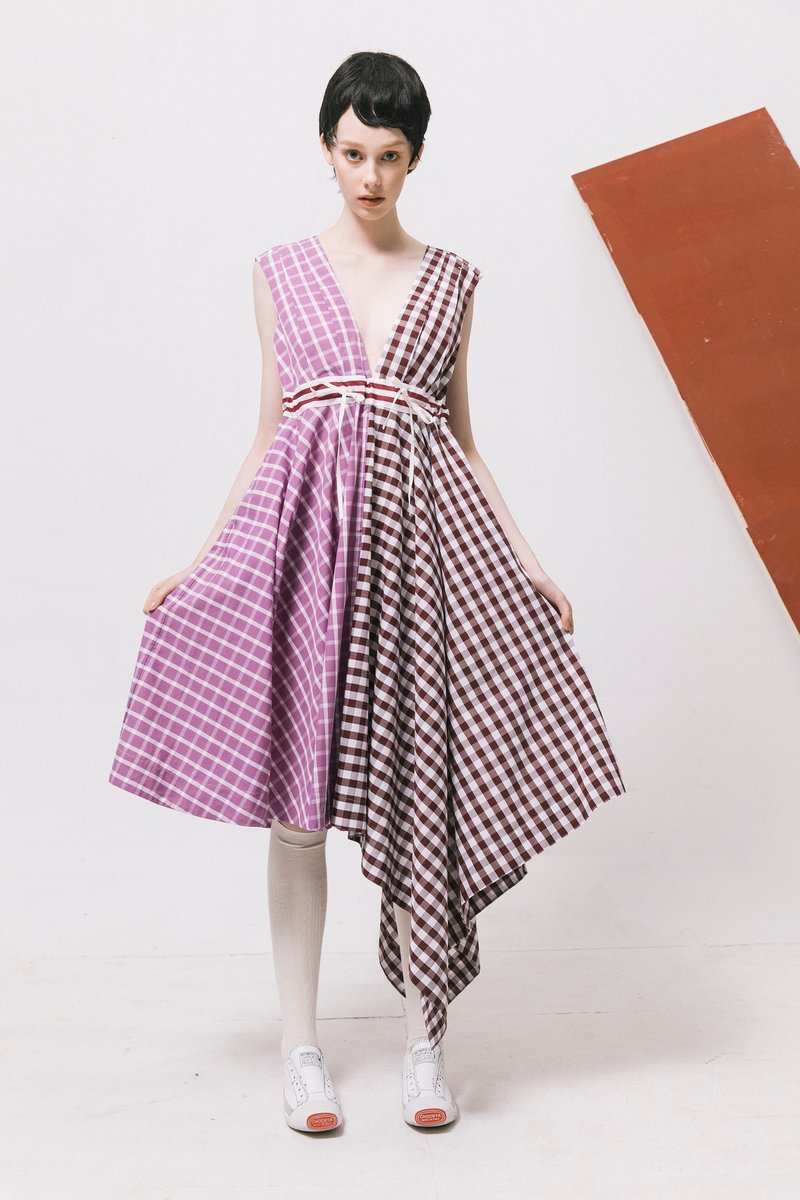 Envol Avec Ning深V不规则格子洋装-紫（预购） - 洋装/连衣裙 - 其他材质 紫色
