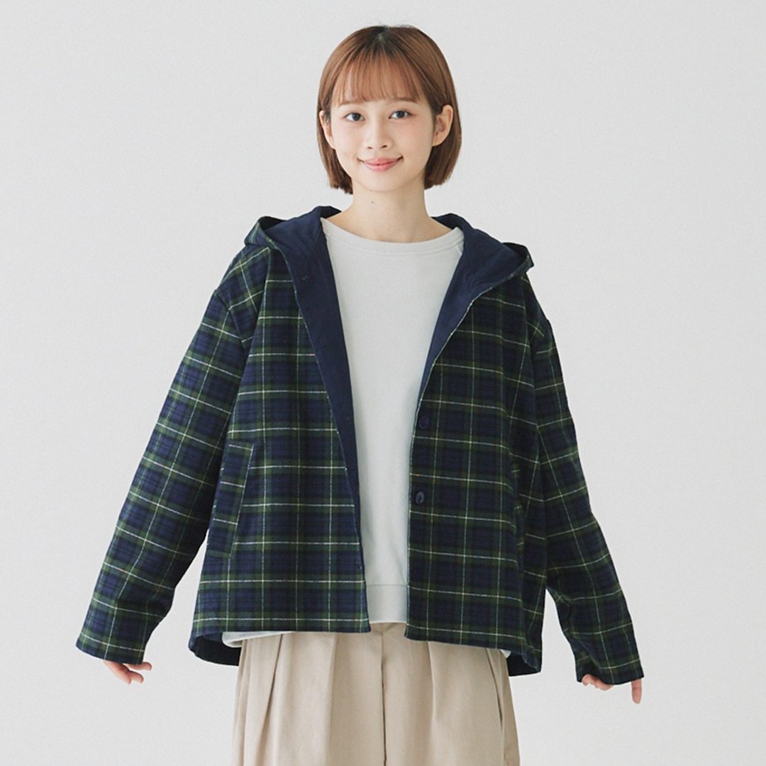 【Simply Yours】连帽钮扣格子外套 绿蓝F - 女装休闲/机能外套 - 棉 蓝色