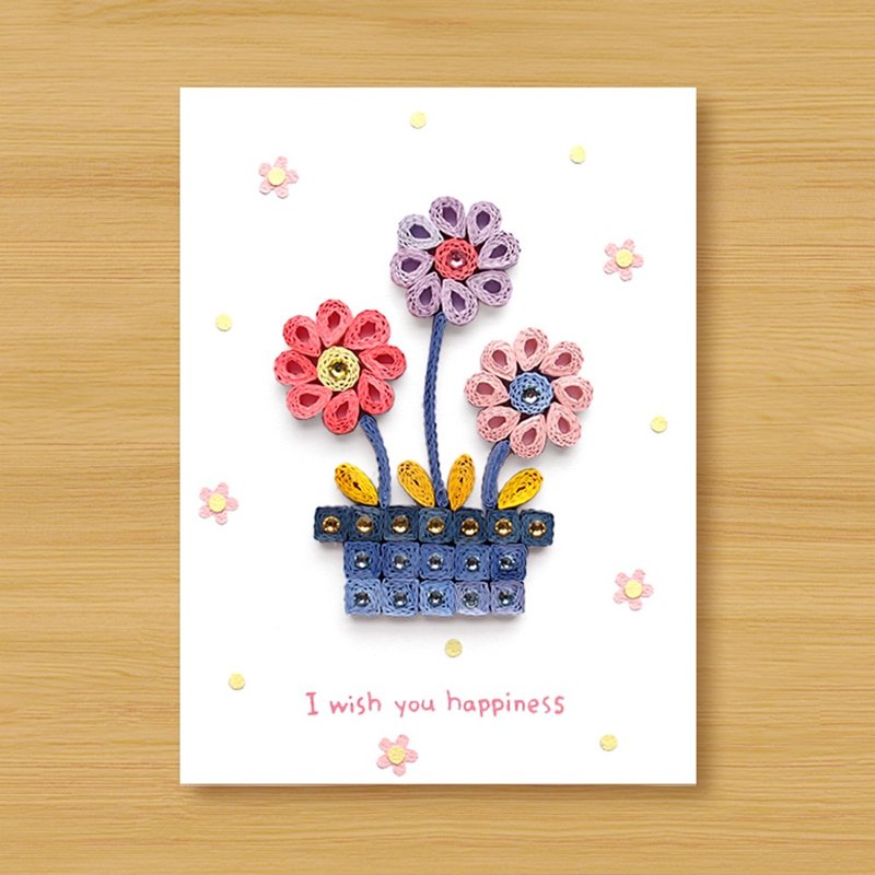 手工卷纸卡片 _ 甜蜜小花盆 I wish you happiness _ 情人卡 - 卡片/明信片 - 纸 粉红色