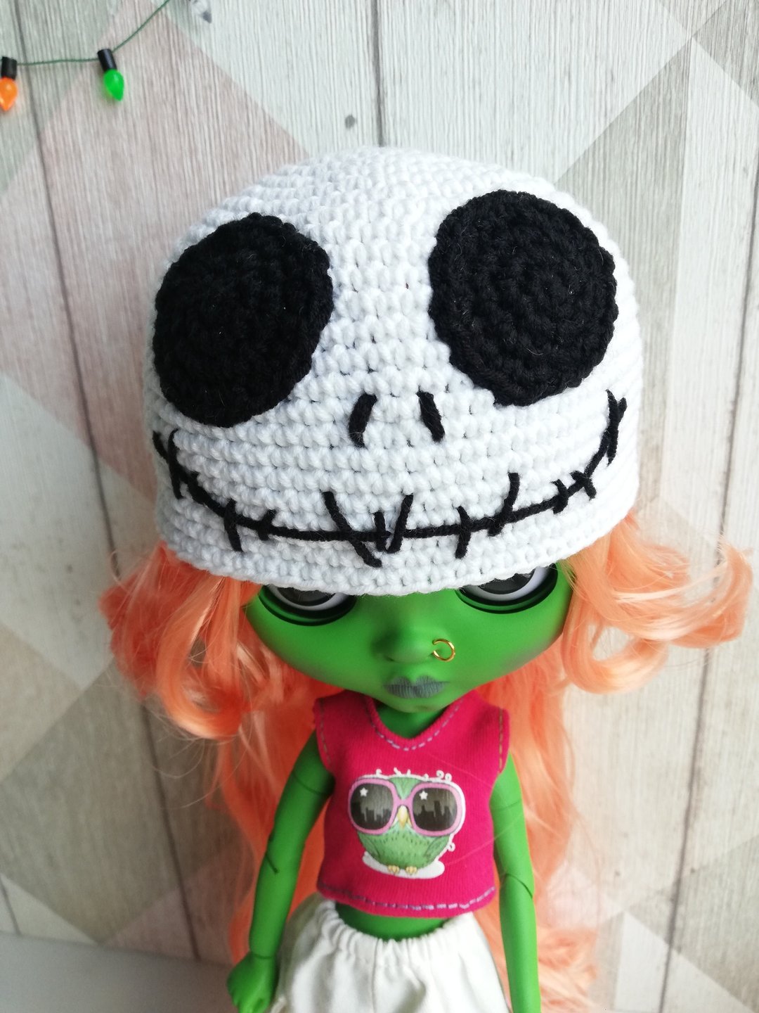 Blythe hat crochet white Skeleton - 玩偶/公仔 - 棉 白色