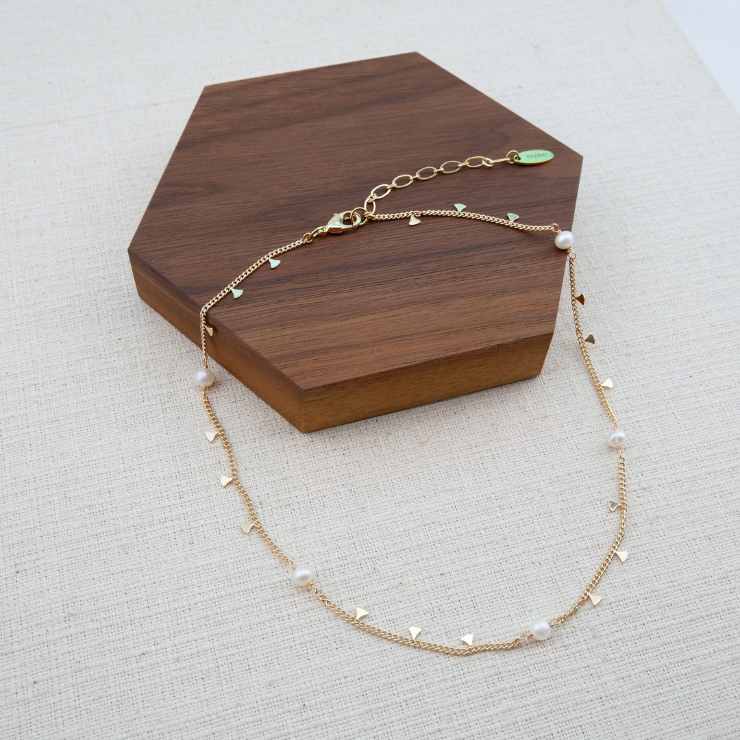 Triangle and Oval chain with Freshwater Pearl Short Necklace - 项链 - 贵金属 白色