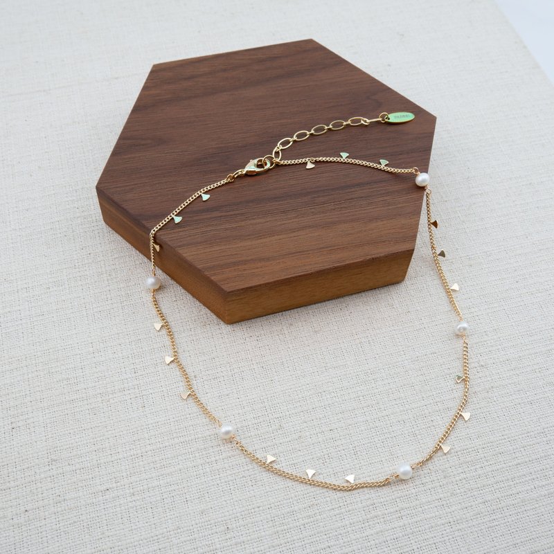 Triangle and Oval chain with Freshwater Pearl Short Necklace - 项链 - 贵金属 白色