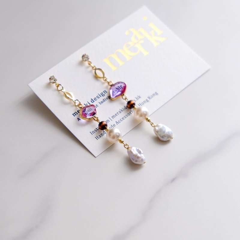 Angelina隐藏版 | 粉红色切割水晶 复古奢华 几何图形 巴洛克珍珠 - 耳环/耳夹 - 贵金属 金色