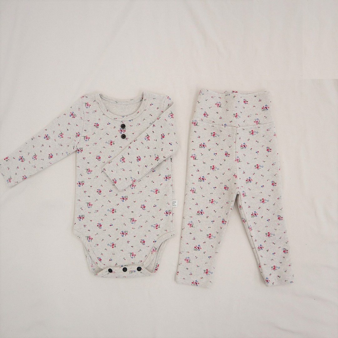 韩国燕麦色配粉色碎花厚棉居家服套装  •Pink Flower Set• - 童装上衣 - 棉 