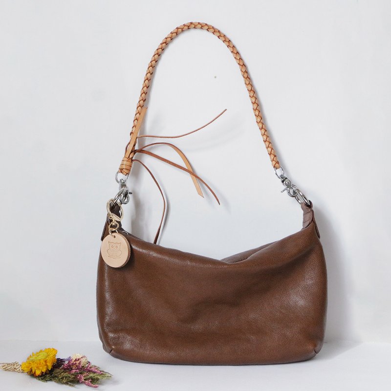 大容量高级真皮波士顿包 2 用斜挎单肩包 休闲包款 - 侧背包/斜挎包 - 真皮 咖啡色