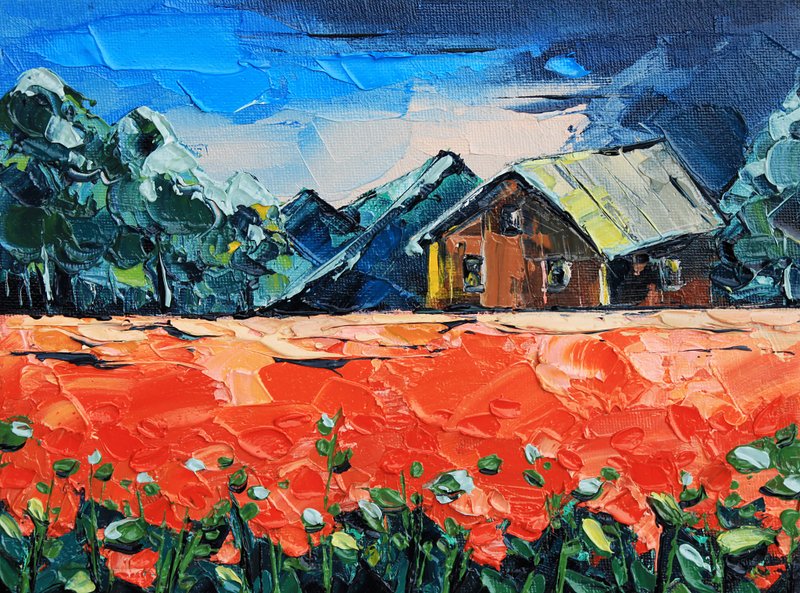 Meadow Floral Painting Vermont Original Art Old House Wall Art Impasto Artwork - 海报/装饰画/版画 - 其他材质 红色