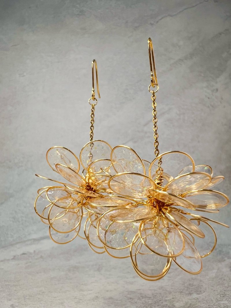 =金辰花火.流金.单线= 金色透明闪亮亮垂坠手作耳环 - 耳环/耳夹 - 其他材质 金色