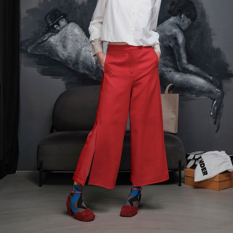 划分开衩毛料长宽裤 - 女装长裤 - 羊毛 红色