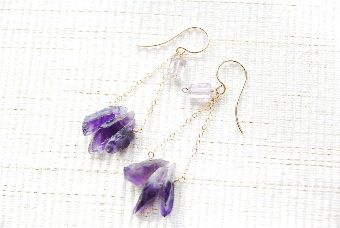 Rough Rock Amethyst Earrings (14kgf) - 耳环/耳夹 - 宝石 紫色