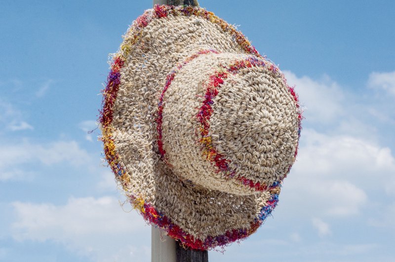 手工纱丽线编织棉麻帽/编织帽/渔夫帽/草帽/草编帽-彩虹色纱丽丝 - 帽子 - 棉．麻 多色