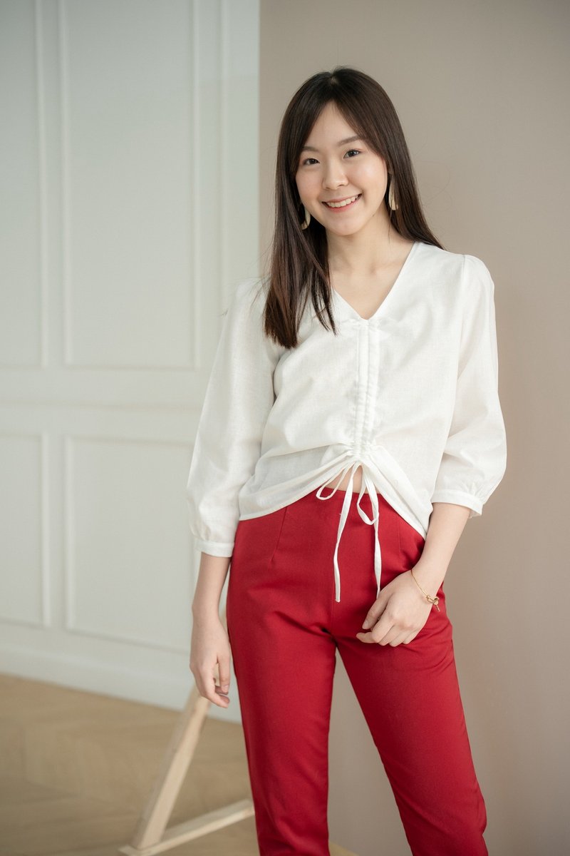 Knotted Crop Top -  White - 女装上衣 - 亚麻 白色