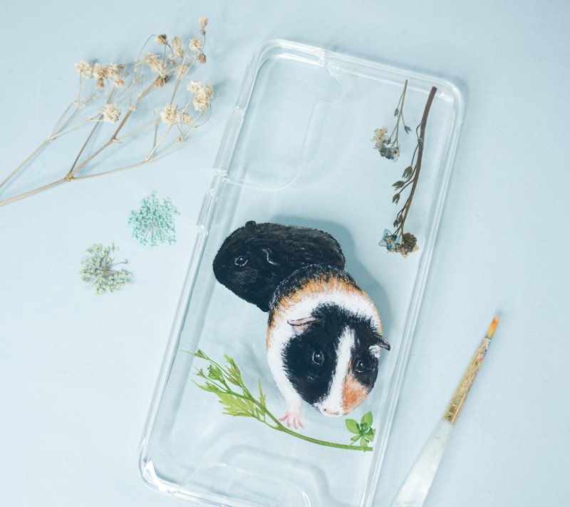 定制化手绘宠物押花手机壳 | 天竺鼠/豚鼠 - 手机壳/手机套 - 植物．花 黑色